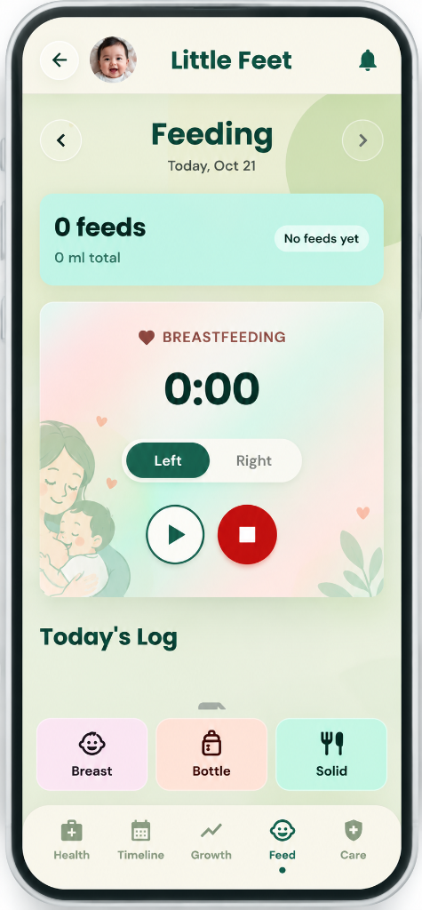 Little Feet baby feeding tracker showing the breastfeeding timer, left and right breast selection, daily feeding summary, and breast, bottle and solid food options.